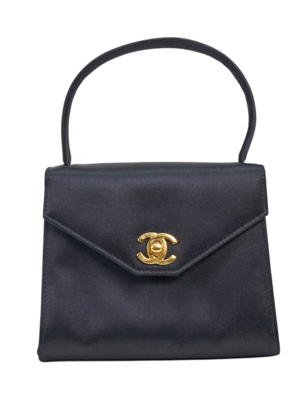Chanel Vintage Kelly 90's Black Satin Gold Mini Evening Bag